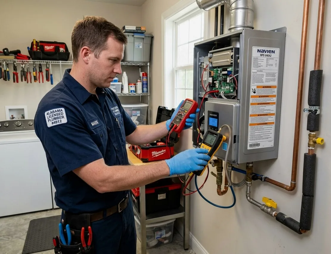 Licensed plumber repairing gas tankless water heater in a Brookside, AL home
