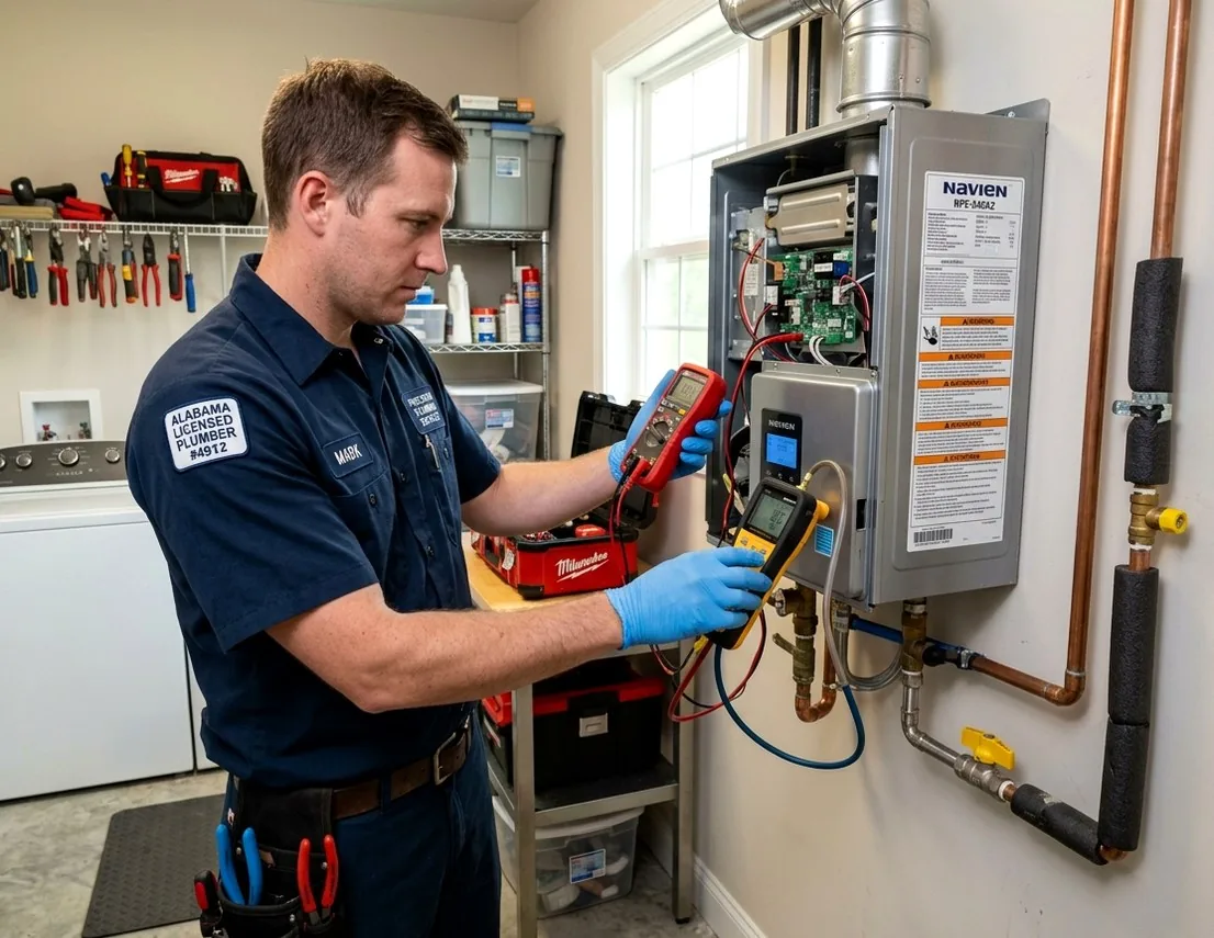 Licensed plumber repairing gas tankless water heater in a Clear, AK home