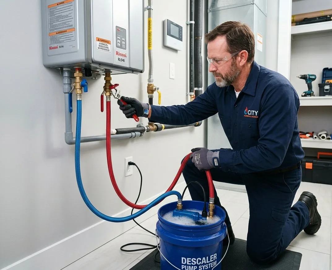 Technician descaling heat exchanger on tankless water heater in Carefree, AZ