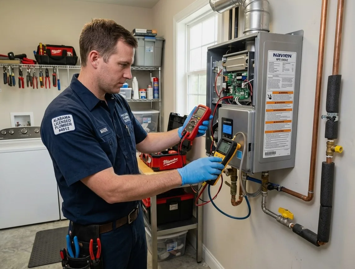 Licensed plumber repairing gas tankless water heater in a Temecula, CA home