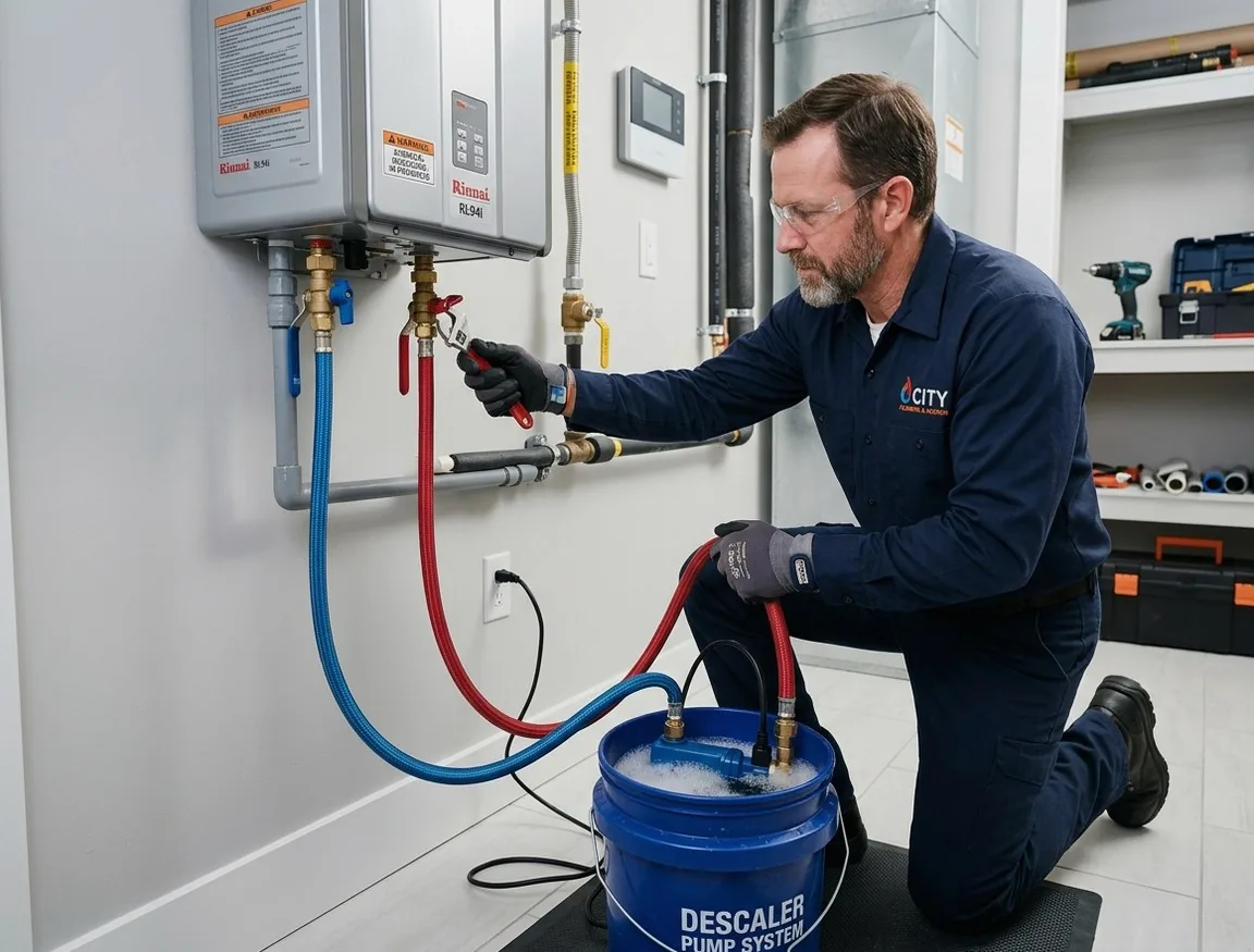 Technician descaling heat exchanger on tankless water heater in Temecula, CA