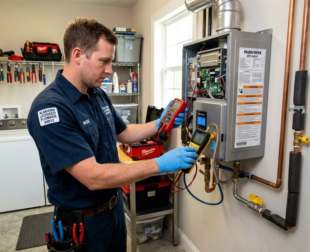 Licensed plumber repairing gas tankless water heater in a Basalt, CO home