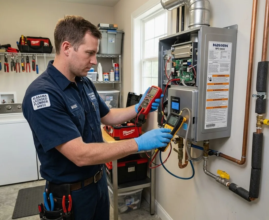 Licensed plumber repairing gas tankless water heater in a Chaplin, CT home
