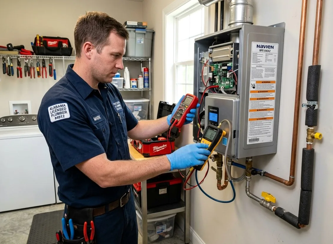 Licensed plumber repairing gas tankless water heater in a Leipsic, DE home