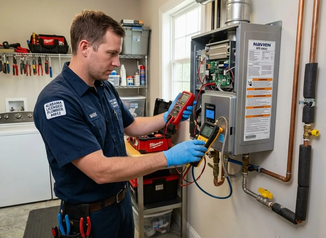 Licensed plumber repairing gas tankless water heater in a Ocean View, HI home