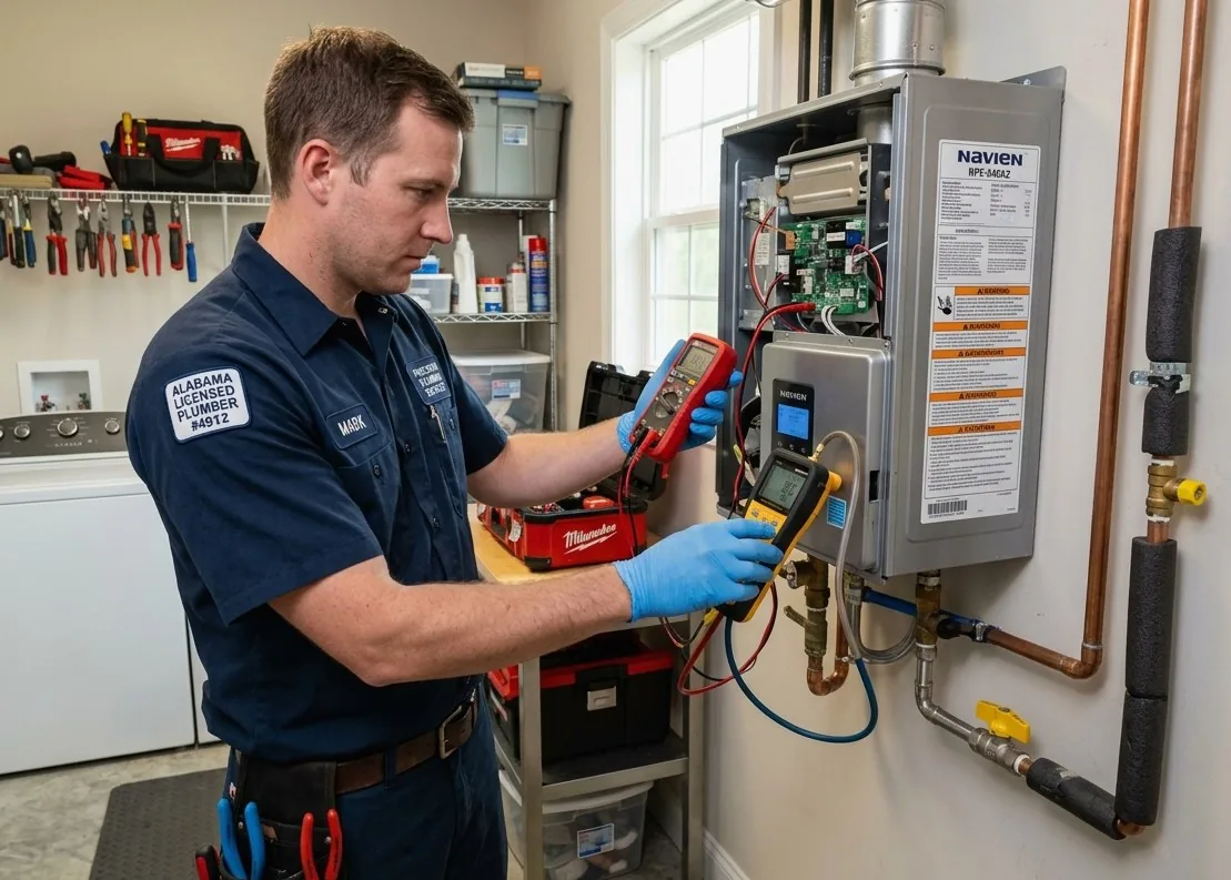 Licensed plumber repairing gas tankless water heater in a Paul, ID home