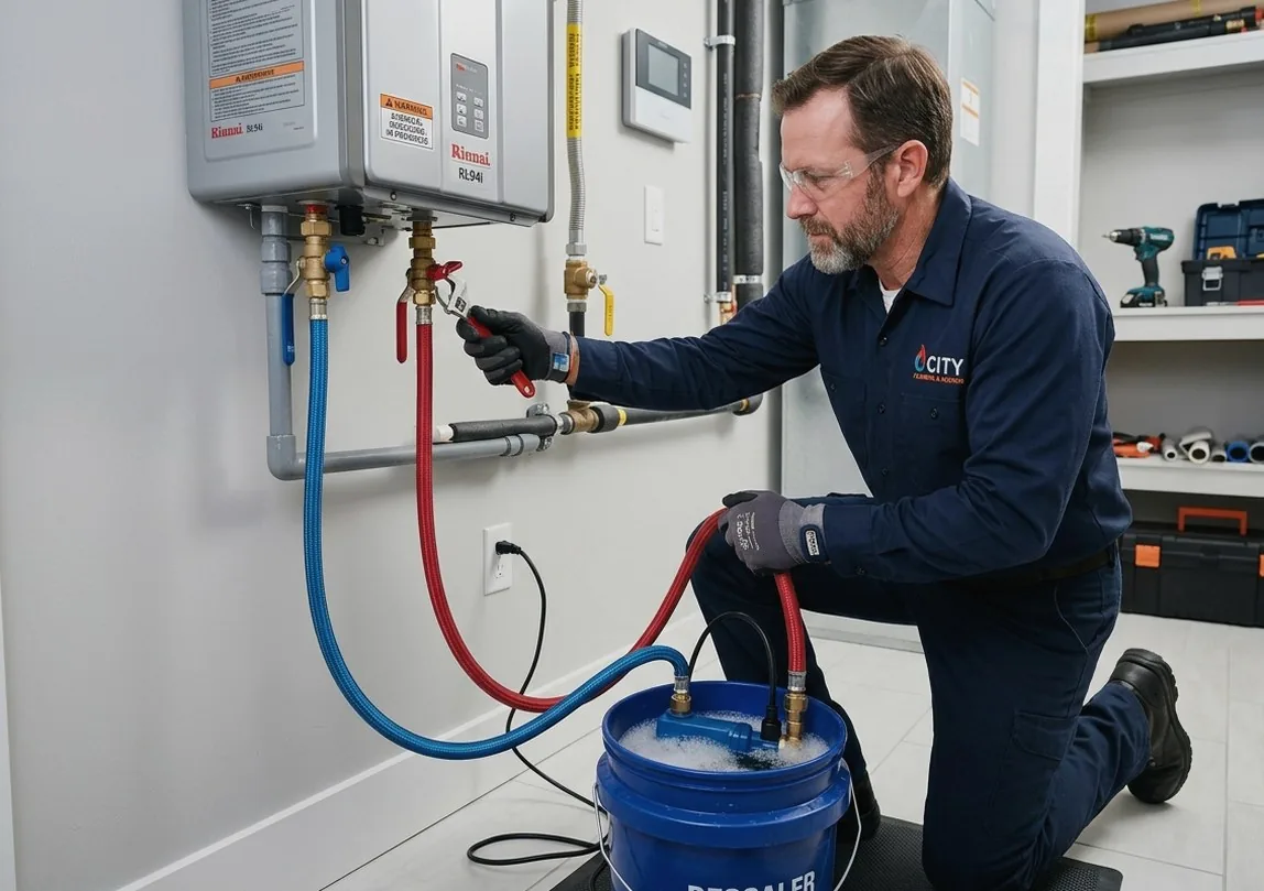 Technician descaling heat exchanger on tankless water heater in Normal, IL