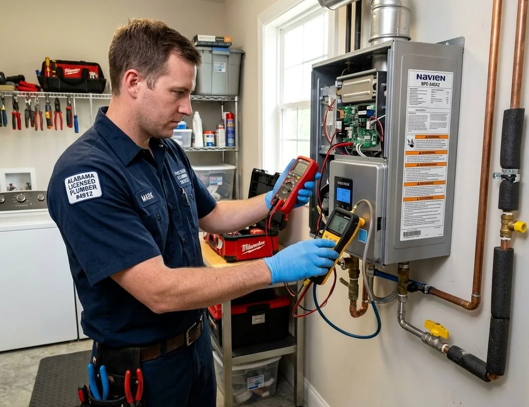 Licensed plumber repairing gas tankless water heater in a Covington, IN home