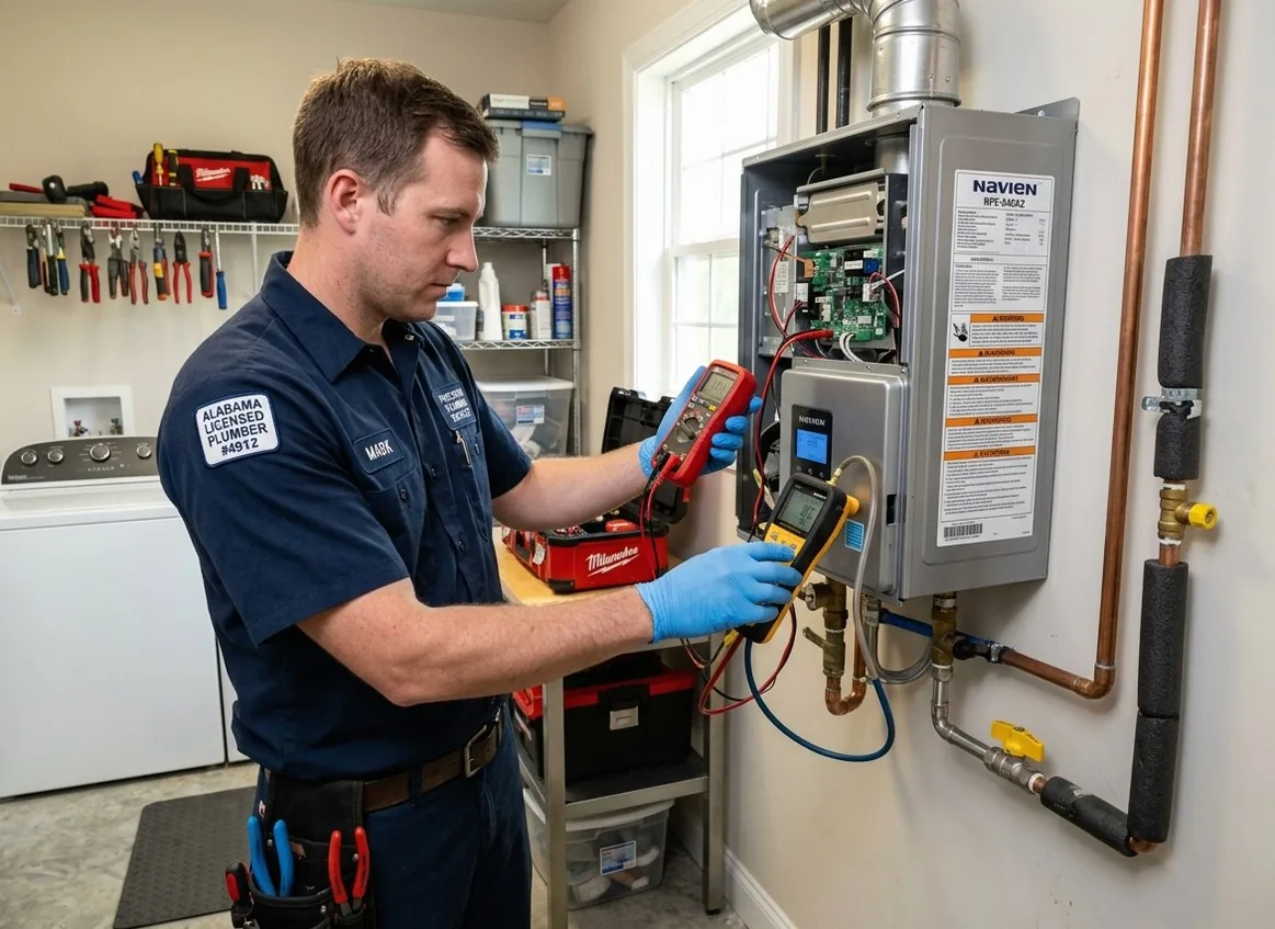Licensed plumber repairing gas tankless water heater in a Adel, IA home