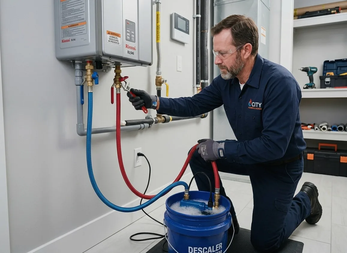 Technician descaling heat exchanger on tankless water heater in Adel, IA