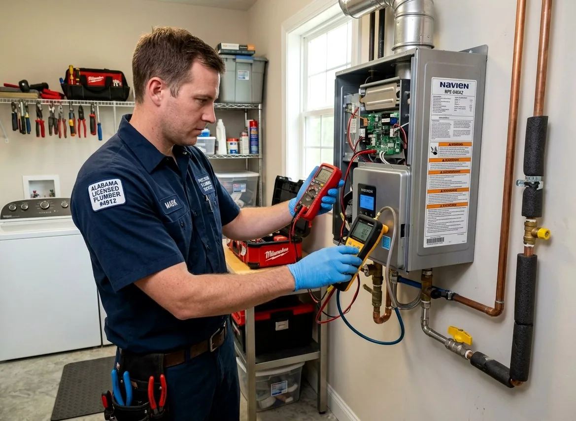Licensed plumber repairing gas tankless water heater in a Cimarron, KS home