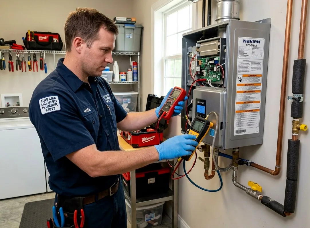 Licensed plumber repairing gas tankless water heater in a York, ME home
