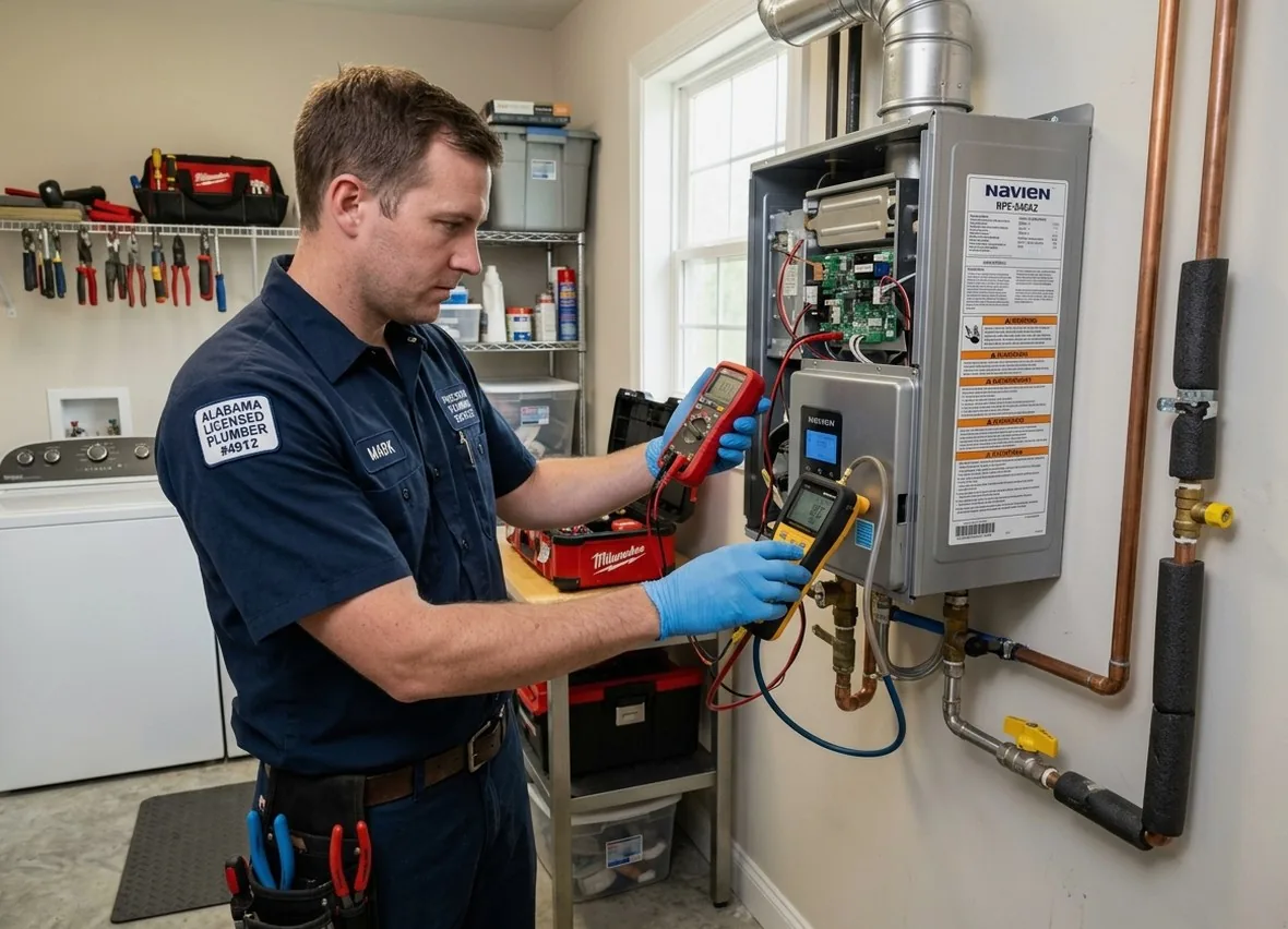 Licensed plumber repairing gas tankless water heater in a Columbia, MS home