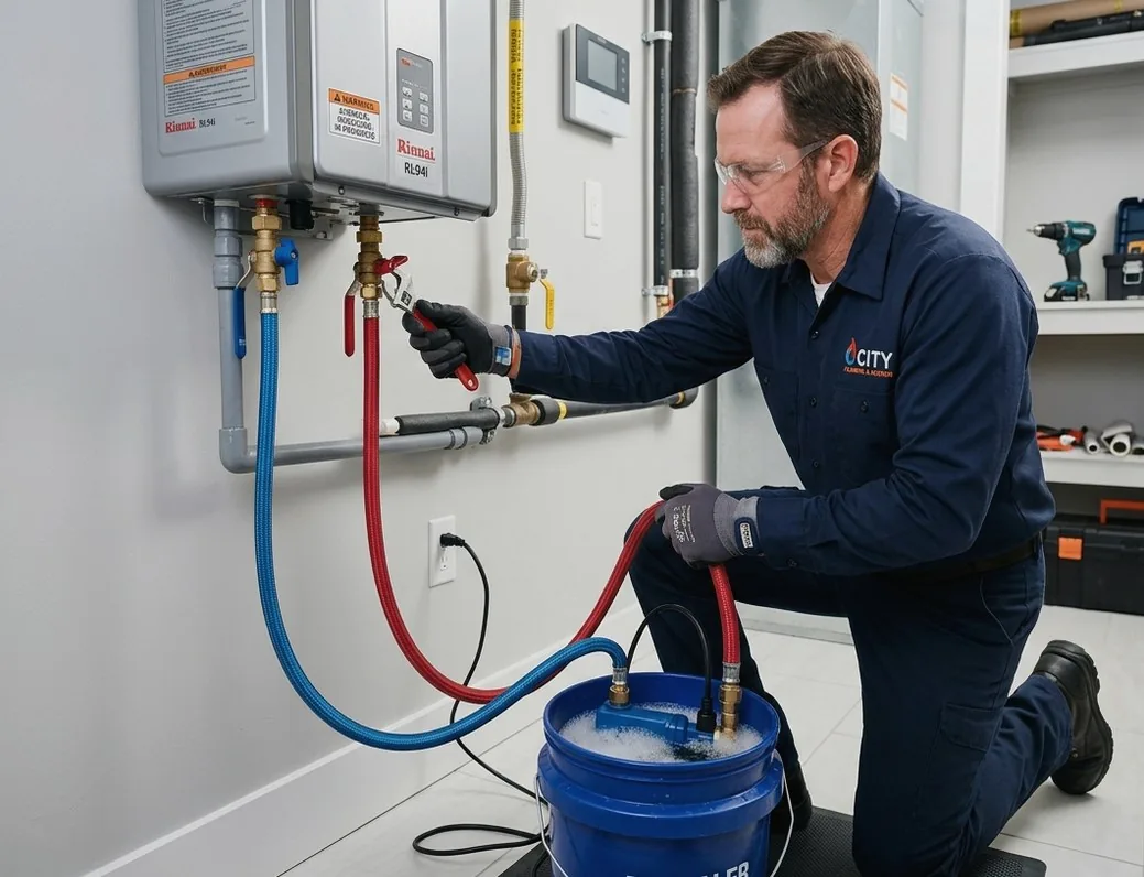 Technician descaling heat exchanger on tankless water heater in Helmetta, NJ