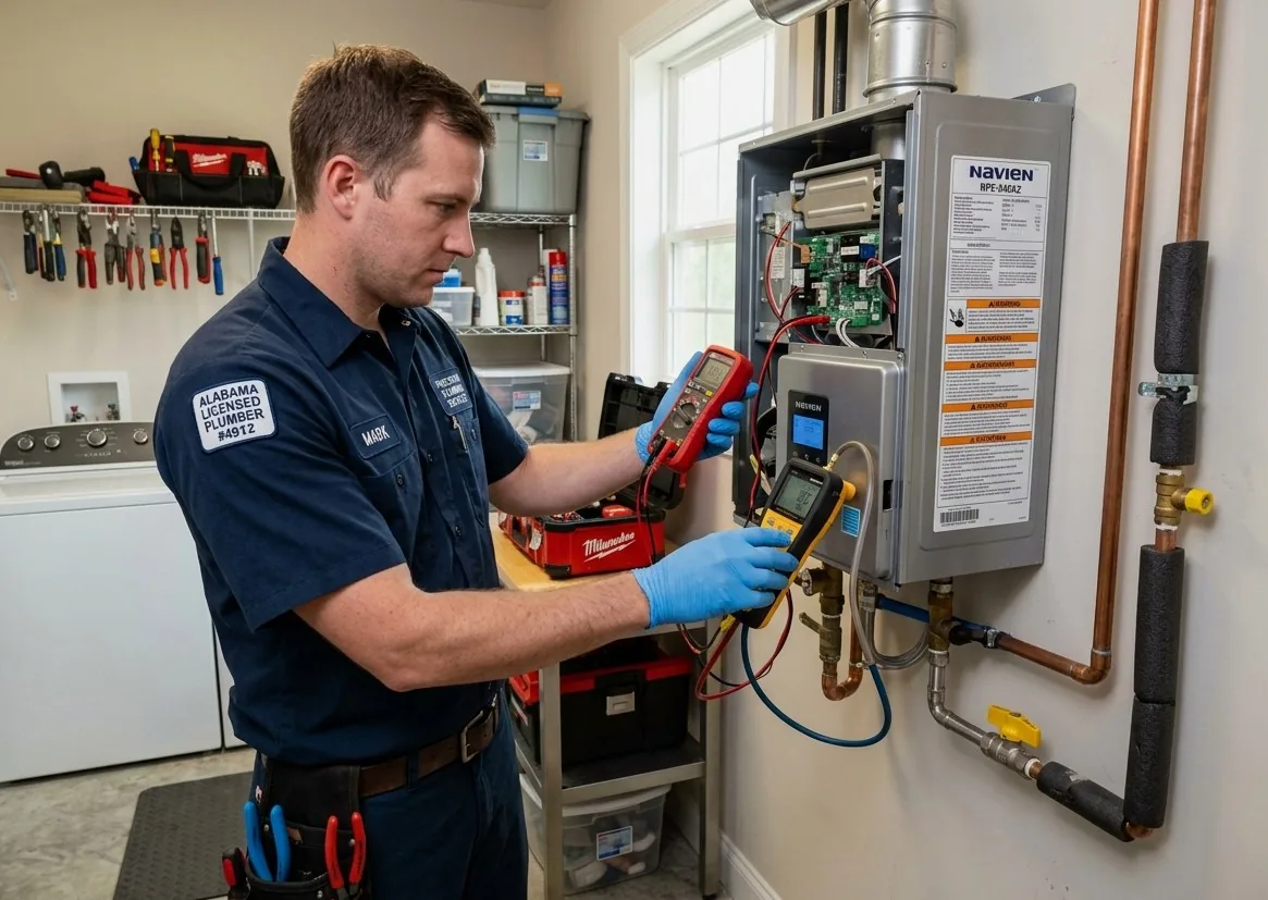 Licensed plumber repairing gas tankless water heater in a Watford City, ND home