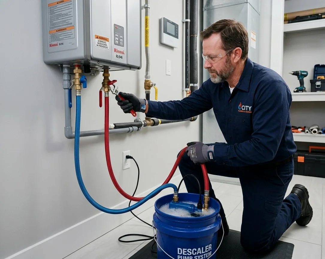 Technician descaling heat exchanger on tankless water heater in Watford City, ND