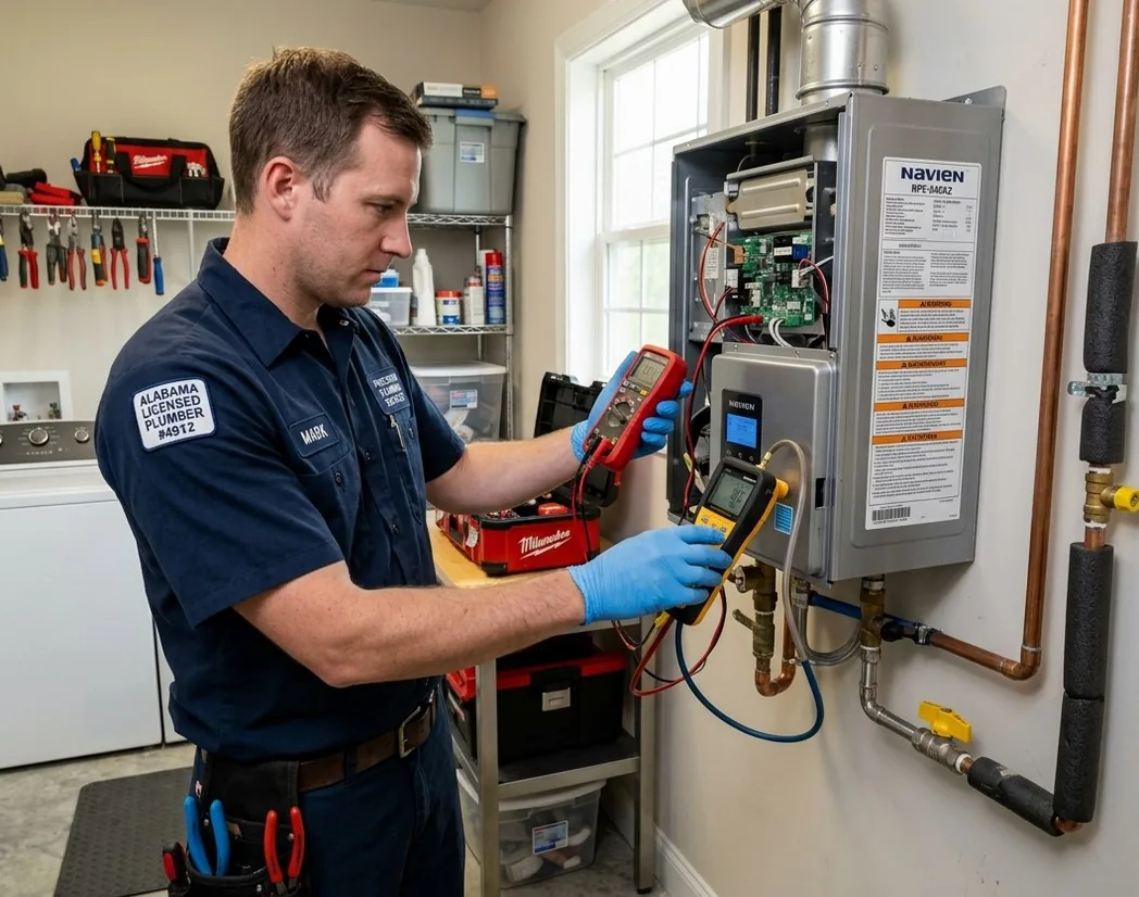 Licensed plumber repairing gas tankless water heater in a Huron, OH home
