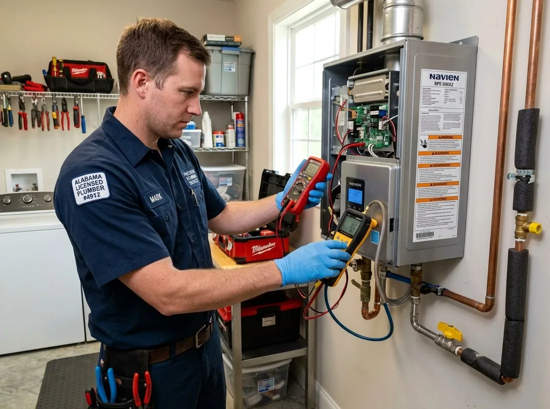 Licensed plumber repairing gas tankless water heater in a Apache, OK home