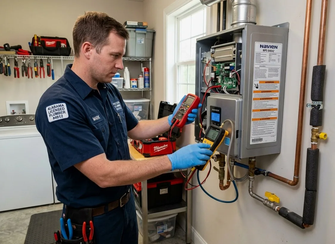 Licensed plumber repairing gas tankless water heater in a Gray, TN home