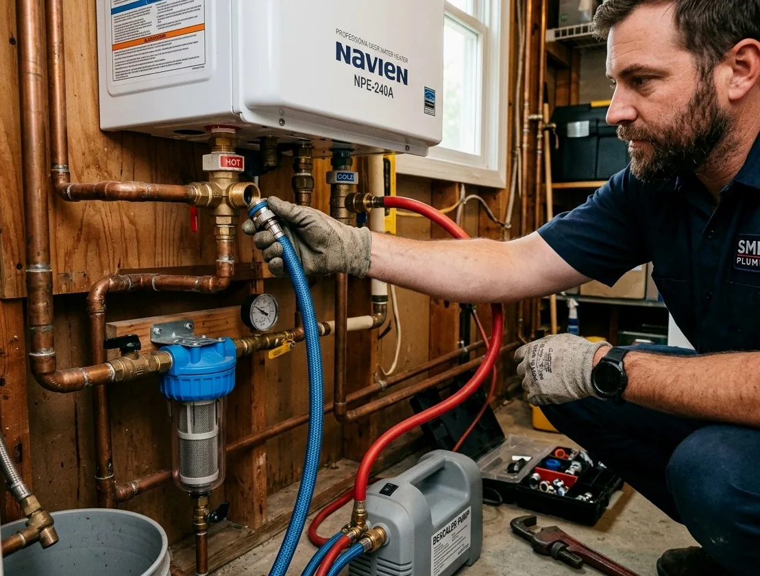 Technician descaling heat exchanger