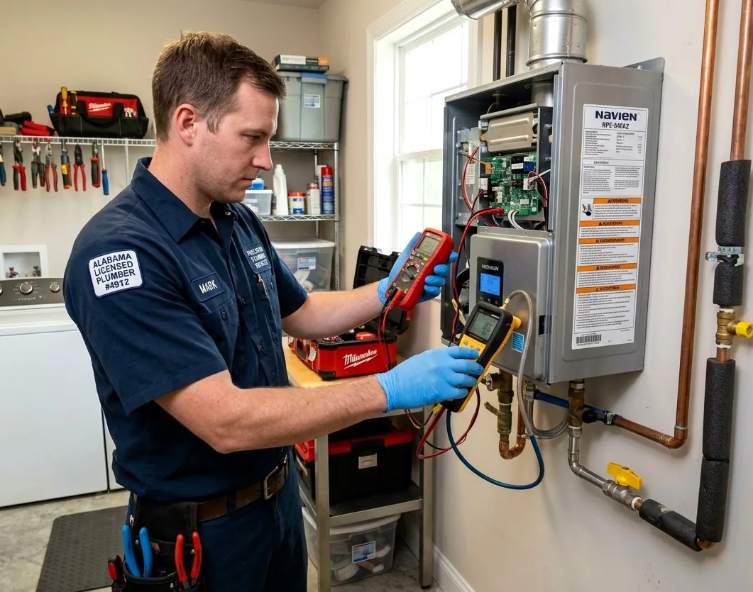Licensed plumber repairing gas tankless water heater in a Dickinson, TX home