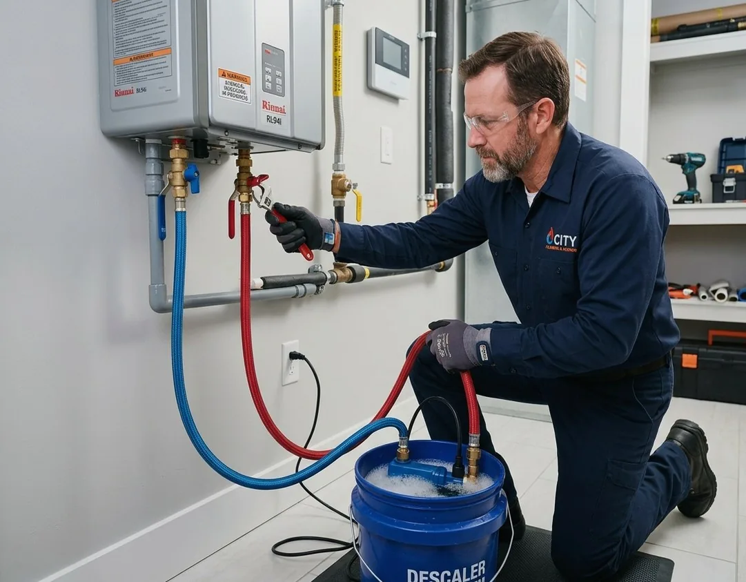Technician descaling heat exchanger on tankless water heater in Mapleton, UT