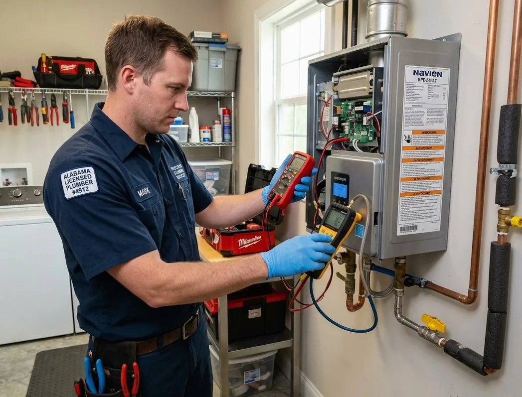Licensed plumber repairing gas tankless water heater in a North Westminster, VT home