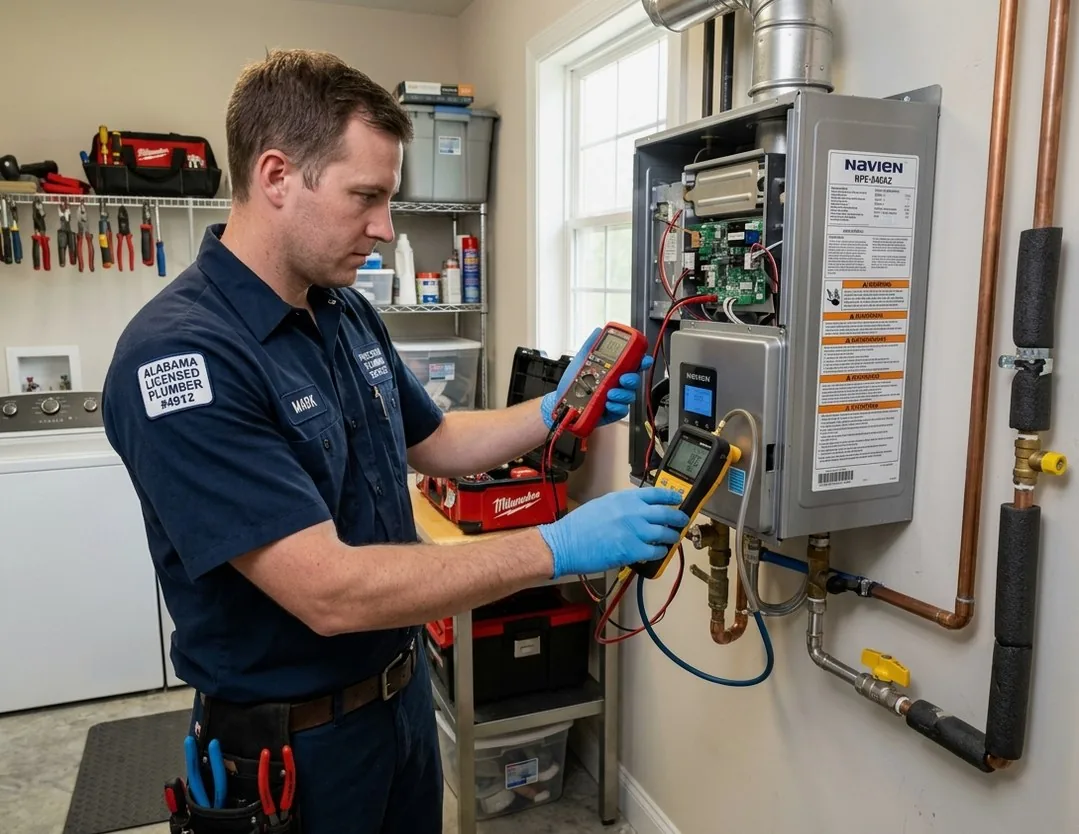 Licensed plumber repairing gas tankless water heater in a Orting, WA home