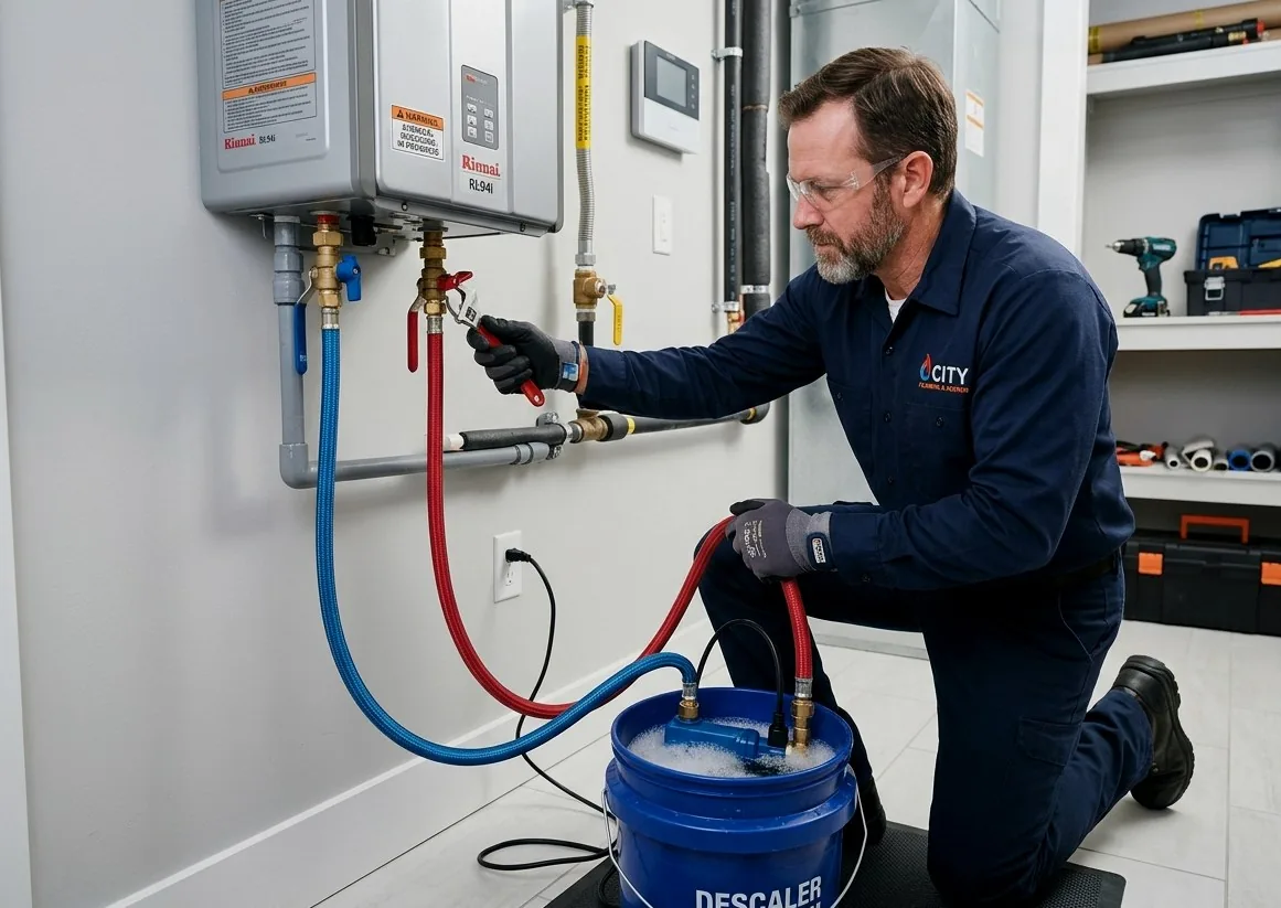 Technician descaling heat exchanger on tankless water heater in Orting, WA