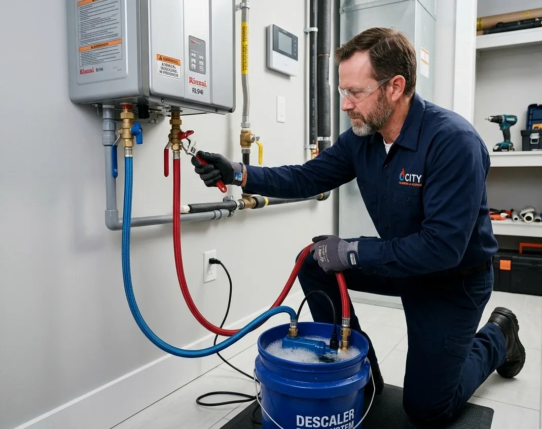 Technician descaling heat exchanger on tankless water heater in Athens, WV