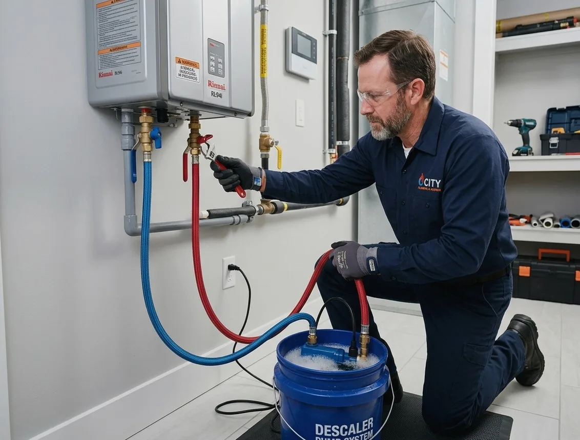 Technician descaling heat exchanger on tankless water heater in Chetek, WI