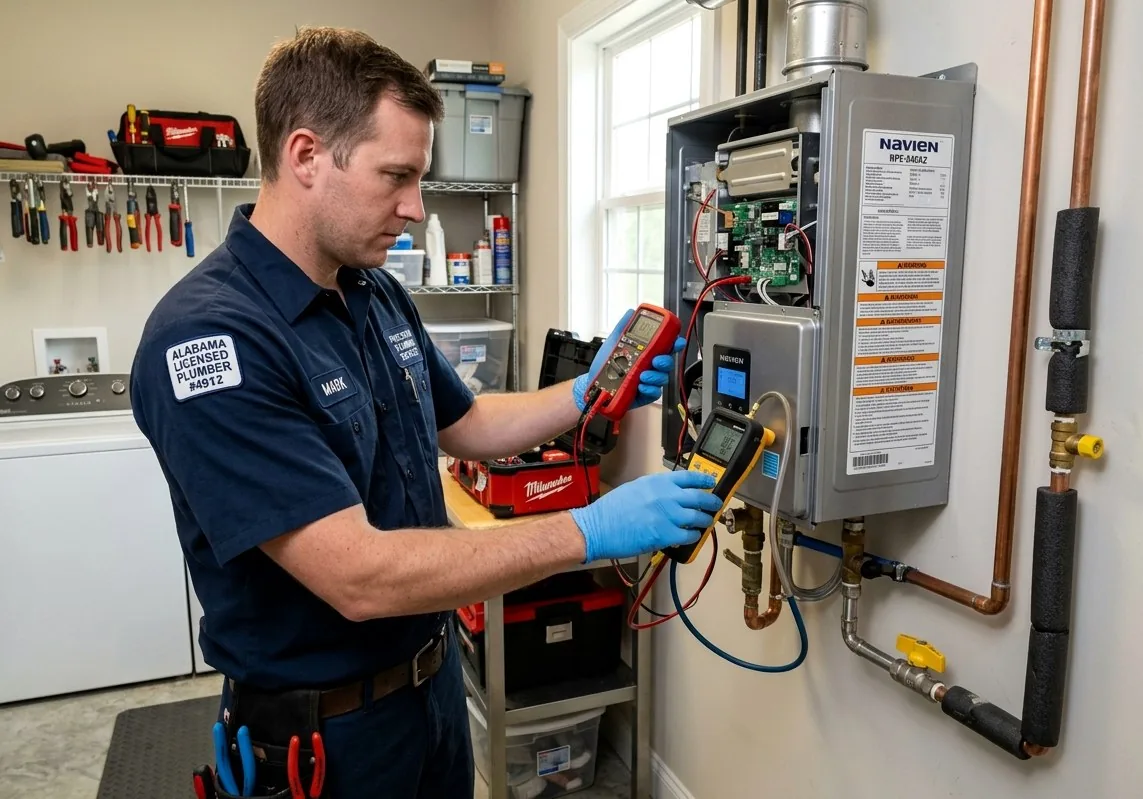 Licensed plumber repairing gas tankless water heater in a Big Horn, WY home